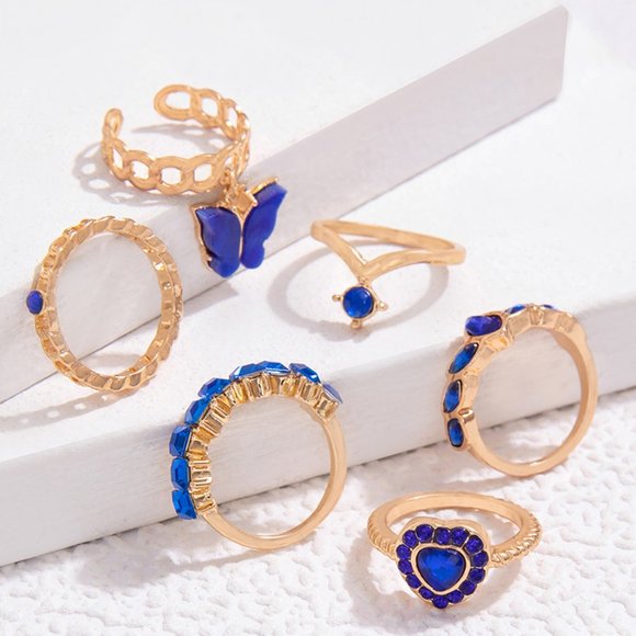 3/$35 6 Piece Joint Knuckle Rings Set Stackable Gold Blue Heart Charm Crystal - Picture 7 of 9